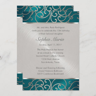 Invitación Quinceanera Verde azulada Plata Azul Plata Filigre