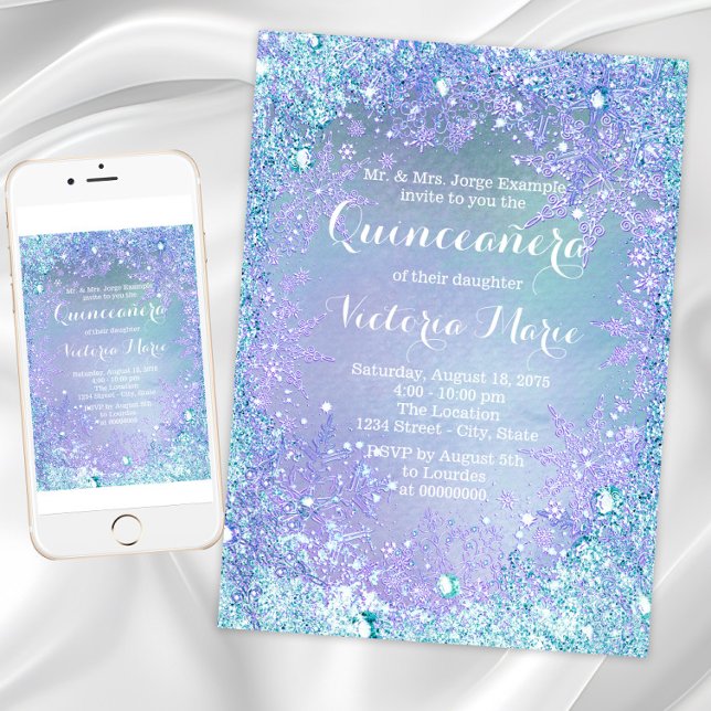 Invitación Quinceanera Verde azulada púrpura de invierno cong (Winter wonderland birthday party invitation. Any number birthday and event invitation. )