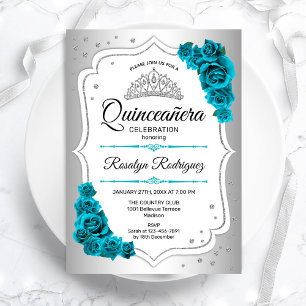 Invitación Quinceanera Verde azulada real blanca plateada