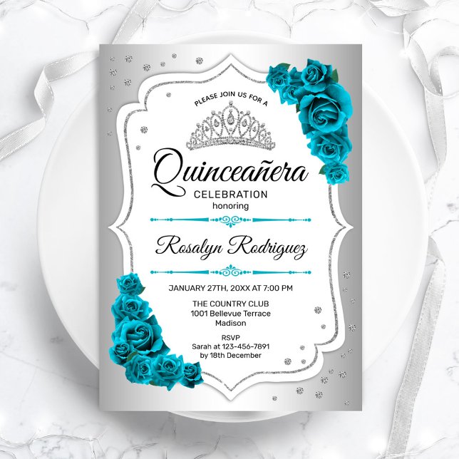 Invitación Quinceanera Verde azulada real blanca plateada (Subido por el creador)