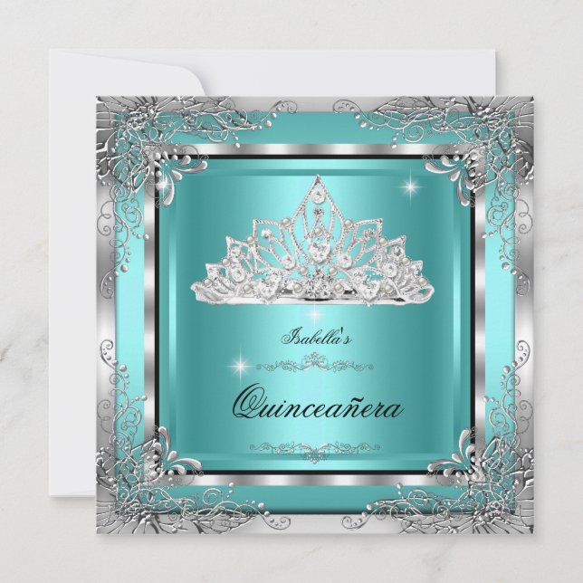 Invitación Quinceanera Verde azulada Silver Diamante Tiara 15 (Anverso)