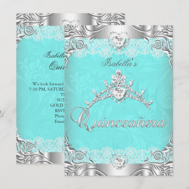 Invitación Quinceanera Verde azulada Silver Diamante Tiara 15 (Anverso / Reverso)