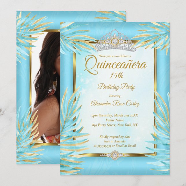 Invitación Quinceanera Verde azulada Tiara Foto Fiesta de cum (Anverso / Reverso)