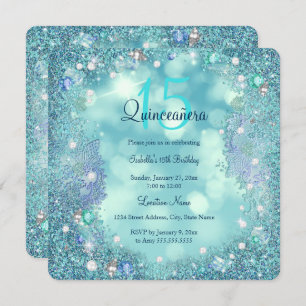 Invitación Quinceanera Verde azuladas Perlas Azules Océano Ci