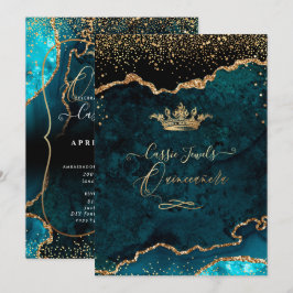 Invitación Quinceañera, Verde azulado Agate azul faux Gold Co