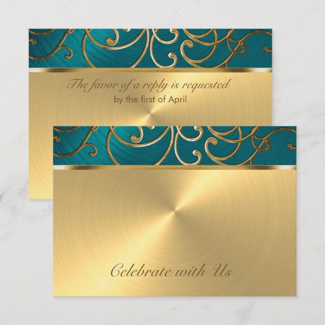 Invitación Quinceanera Verde azulado azul verde y filigrana d (Anverso / Reverso)