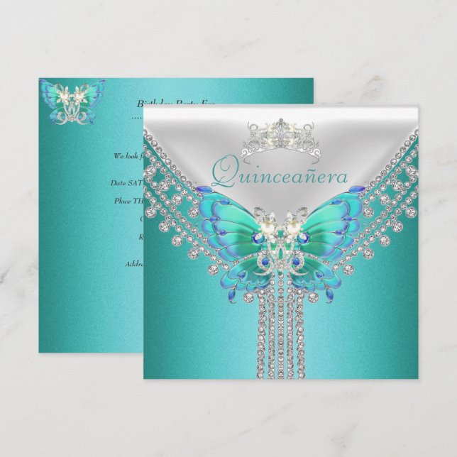 Invitación Quinceañera Verde azulado Blue Butfly Diamond (Anverso / Reverso)