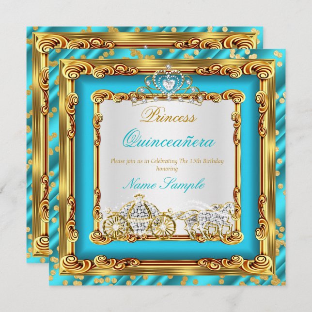 Invitación Quinceanera Verde azulado Blue Gold Diamond Horse  (Anverso / Reverso)