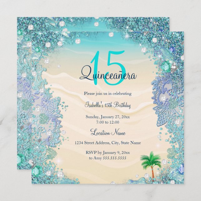 Invitación Quinceanera Verde azulado Blue Sand Ocean Beach Cu (Anverso / Reverso)