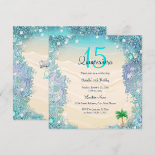 Invitación Quinceanera Verde azulado Blue Sand Ocean Beach Cu