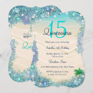 Invitación Quinceanera Verde azulado Blue Sand Ocean Beach Cu
