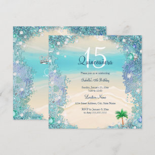 Invitación Quinceanera Verde azulado Blue Sand Ocean Beach Cu