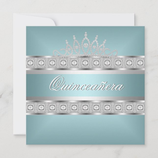 Invitación Quinceanera Verde azulado Blue Silver Jewel 15º cu (Anverso)
