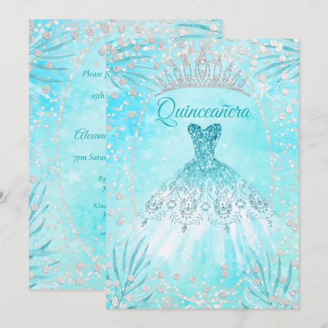 Invitación Quinceanera Verde azulado Blue Tiara Vestido invie (Anverso / Reverso)