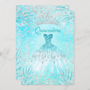 Invitación Quinceanera Verde azulado Blue Tiara Vestido invie
