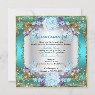 Invitación Quinceanera Verde azulado Blue Vintage Country Flo