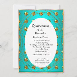 Invitación Quinceanera Verde azulado Green Gold Balls Fiesta