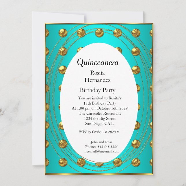 Invitación Quinceanera Verde azulado Green Gold Balls Fiesta  (Anverso)