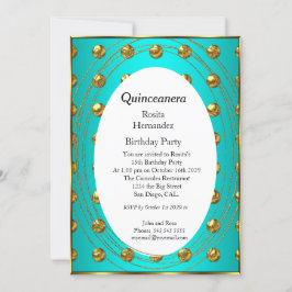 Invitación Quinceanera Verde azulado Green Gold Balls Fiesta 
