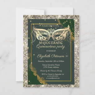Invitación Quinceañera Verde Brillante Máscara Dorada