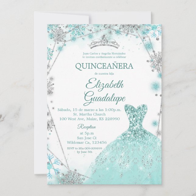 Invitación Quinceanera verde de invierno de plata Verde azula (Anverso)