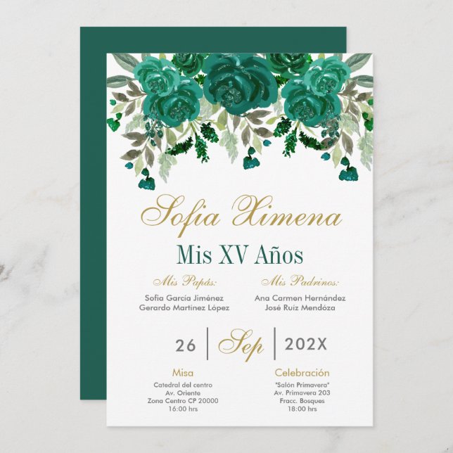 Invitación Quinceanera verde esmeralda (Anverso / Reverso)