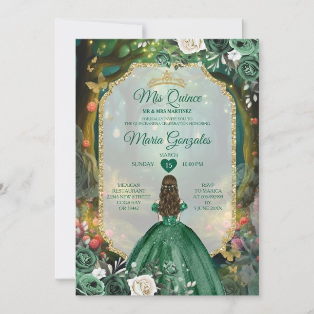 Invitación Quinceañera verde esmeralda (Anverso)