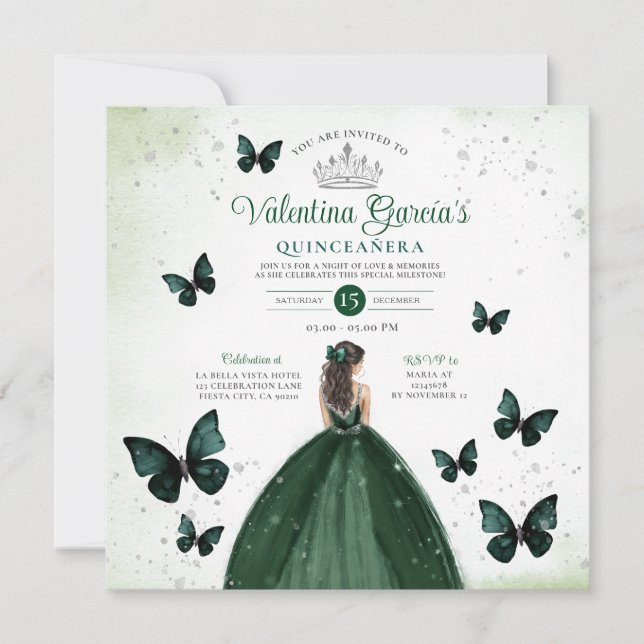 Invitación Quinceañera verde esmeralda 15 flores de anos plat (Anverso)
