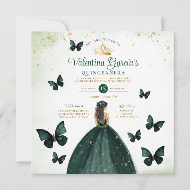 Invitación Quinceañera verde esmeralda 15 flores de oro (Anverso)
