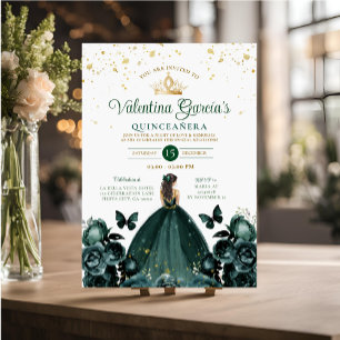 Invitación Quinceañera verde esmeralda 15 flores de oro