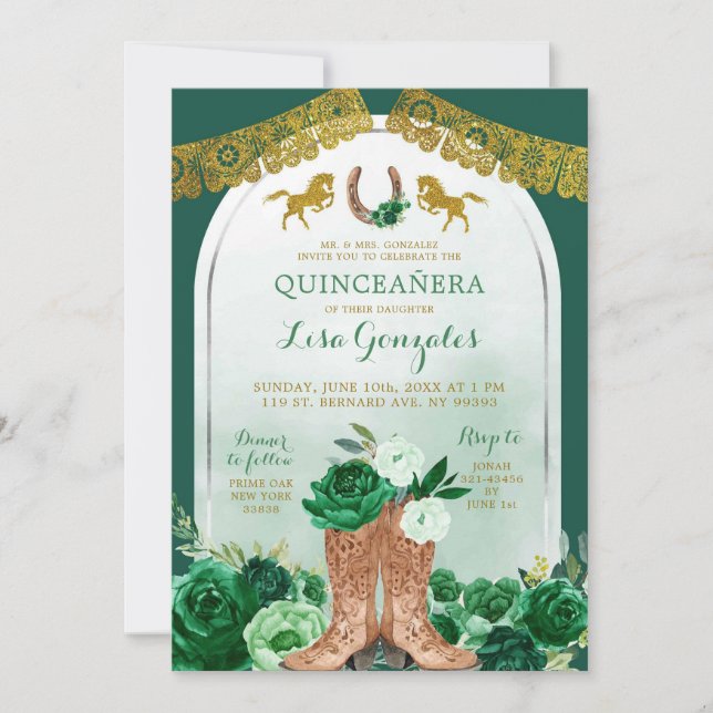 Invitación Quinceañera verde esmeralda de arranque occidental (Anverso)