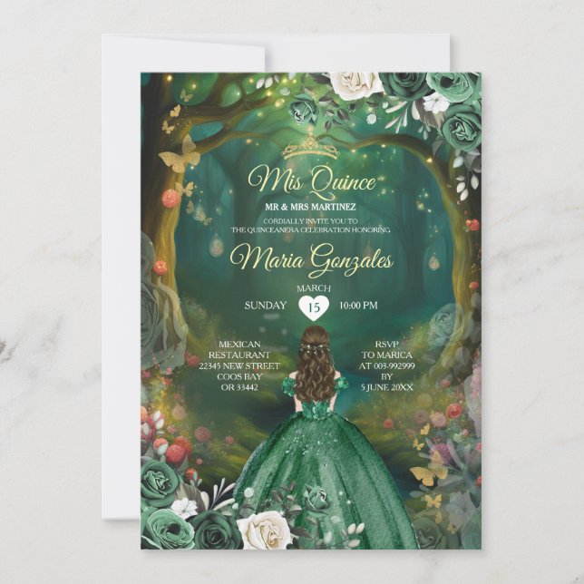 Invitación Quinceañera verde esmeralda encantada del bosque (Anverso)