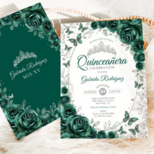 Invitación Quinceañera Verde Esmeralda Floral de Plata