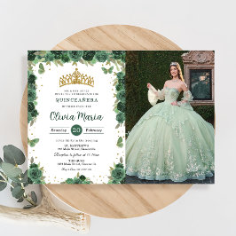 Invitación Quinceañera Verde Esmeralda Floral Mariposas Foto