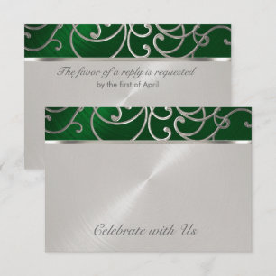Invitación Quinceañera Verde Esmeralda Plata Filigrana Ondas