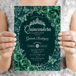 Invitación Quinceañera Verde Esmeralda Plateada