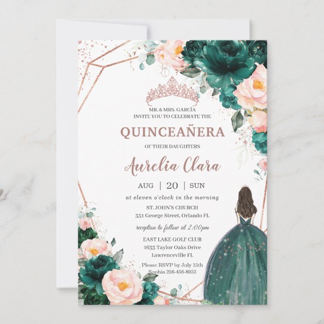Invitación Quinceañera Verde Esmeralda Rosa Floral Dorado (Anverso)