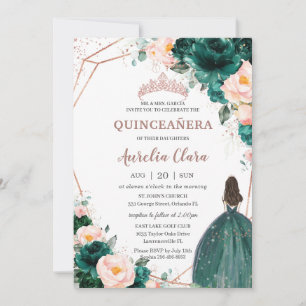 Invitación Quinceañera Verde Esmeralda Rosa Floral Dorado