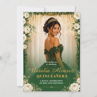 Invitación Quinceañera Verde Esmeralda y Dorado Cumpleaños 15