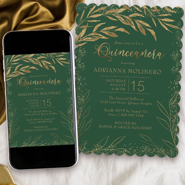 Invitación Quinceanera verde esmeralda y hojas de oro elegant (Modern Quinceanera invitation in emerald green from my Gold Leaf Collection)