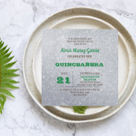 Invitación Quinceañera Verde Esmeralda y Plateado Brillante