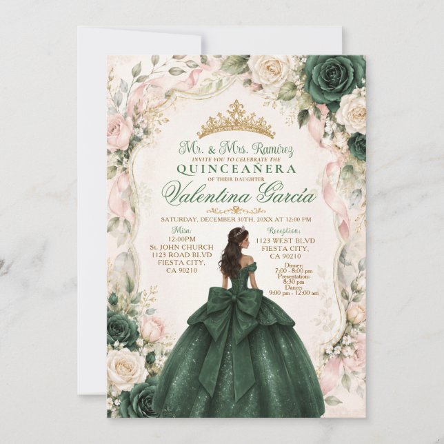 Invitación Quinceañera Verde Esmeralda y Rosa Rubor (Anverso)