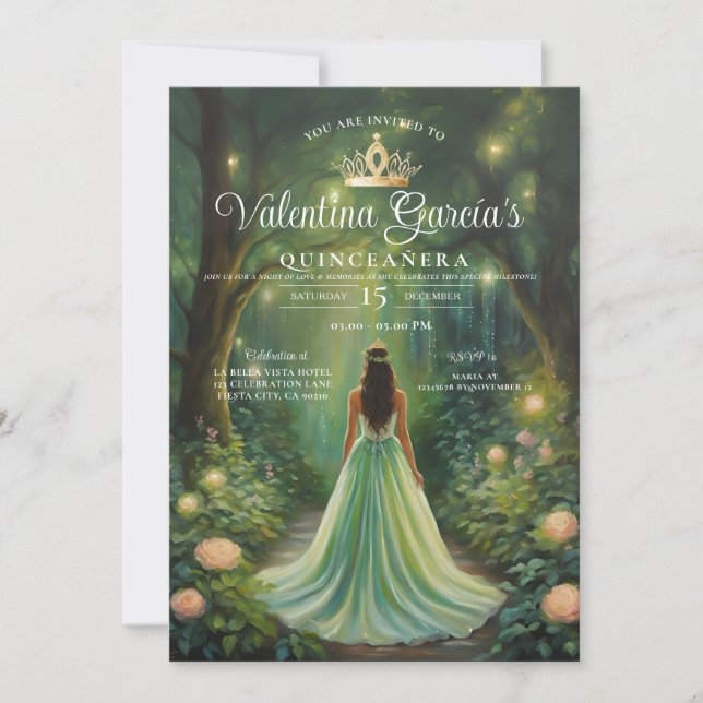 Invitación Quinceañera verde forestal 15 Anos Crown de oro (Anverso)