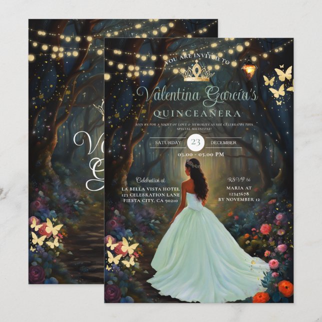 Invitación Quinceañera verde forestal 15 Anos Flores de Oro (Anverso / Reverso)