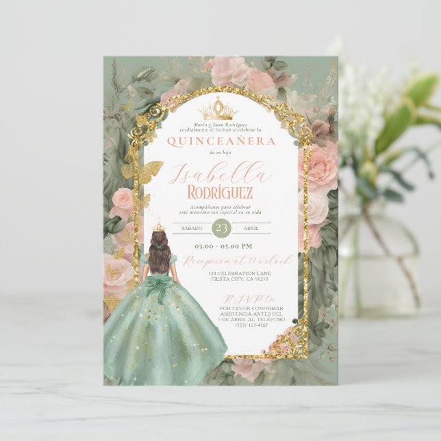 Invitación Quinceañera verde sabio 15 años (Anverso de pie)