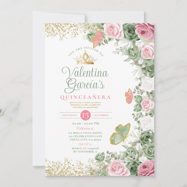 Invitación Quinceañera verde sabio 15 Anos de flor rosa (Anverso)