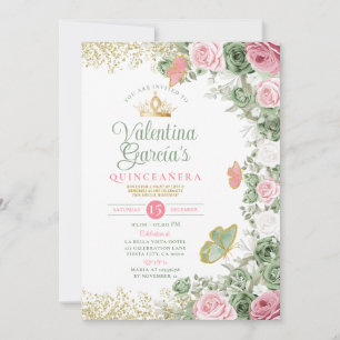 Invitación Quinceañera verde sabio 15 Anos de flor rosa