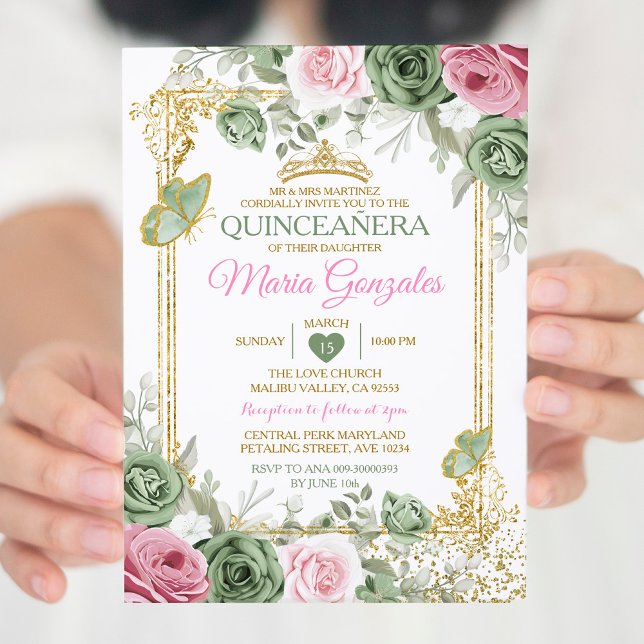 Invitación Quinceañera verde sabio Mariposa de la Corona de O (Subido por el creador)