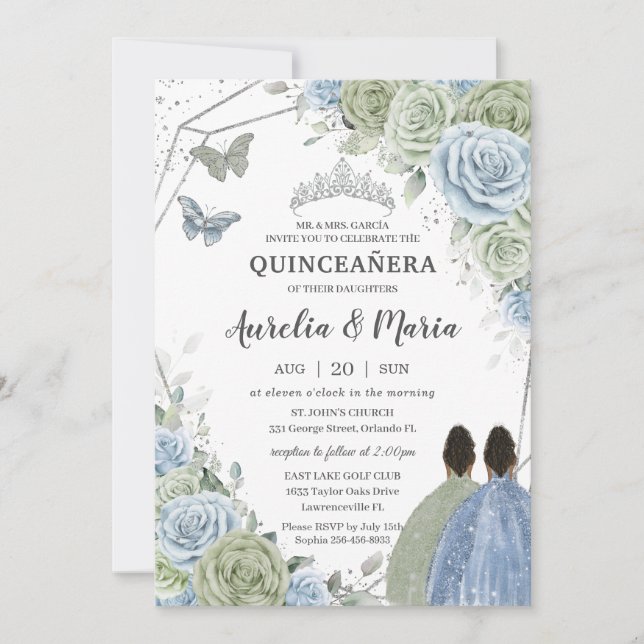 Invitación Quinceañera Verde Sage Azul Flores Gemelas Plata (Anverso)
