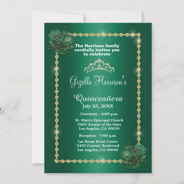 Invitación Quinceanera Verde y Dorado Floral Elegante (Anverso)